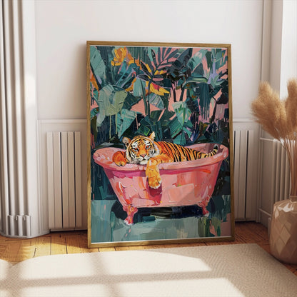 Premium Poster of Relaxing Tiger in Bathtub Vibrant Jungle Art Posters