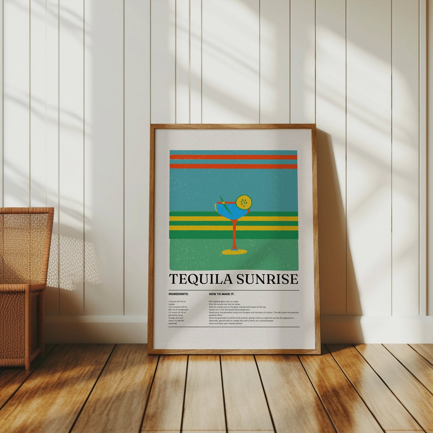 Premium Poster of Retro Cocktail Art Tequila Sunrise Recipe Posters