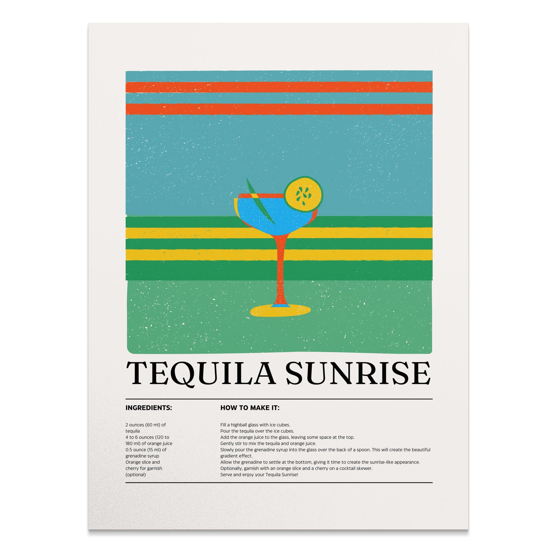 Premium Poster of Retro Cocktail Art Tequila Sunrise Recipe Posters