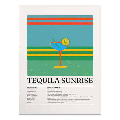 Premium Poster of Retro Cocktail Art Tequila Sunrise Recipe Posters