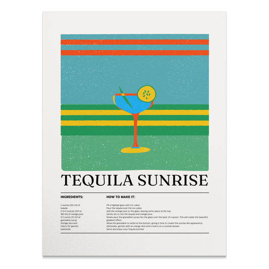 Premium Poster of Retro Cocktail Art Tequila Sunrise Recipe Posters
