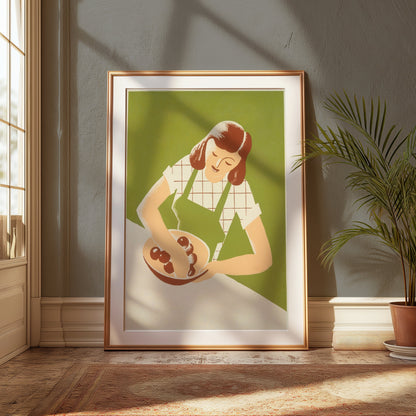 Premium Poster of Retro Kitchen Art Woman with Bowl Vintage Style Posters