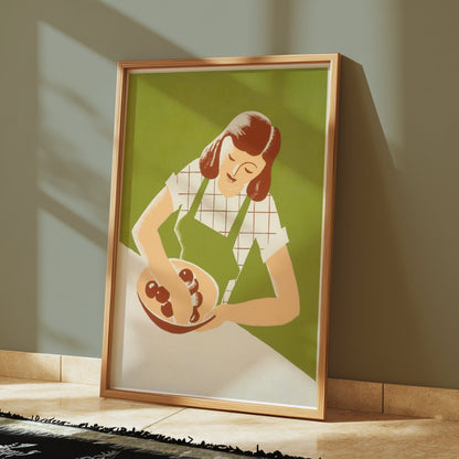 Premium Poster of Retro Kitchen Art Woman with Bowl Vintage Style Posters