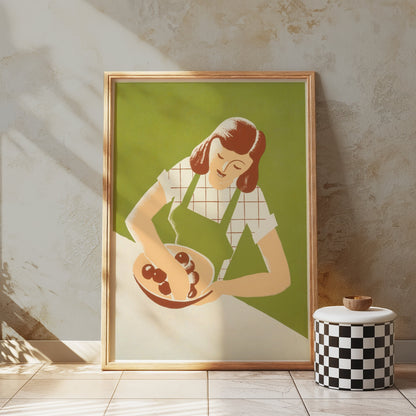 Premium Poster of Retro Kitchen Art Woman with Bowl Vintage Style Posters