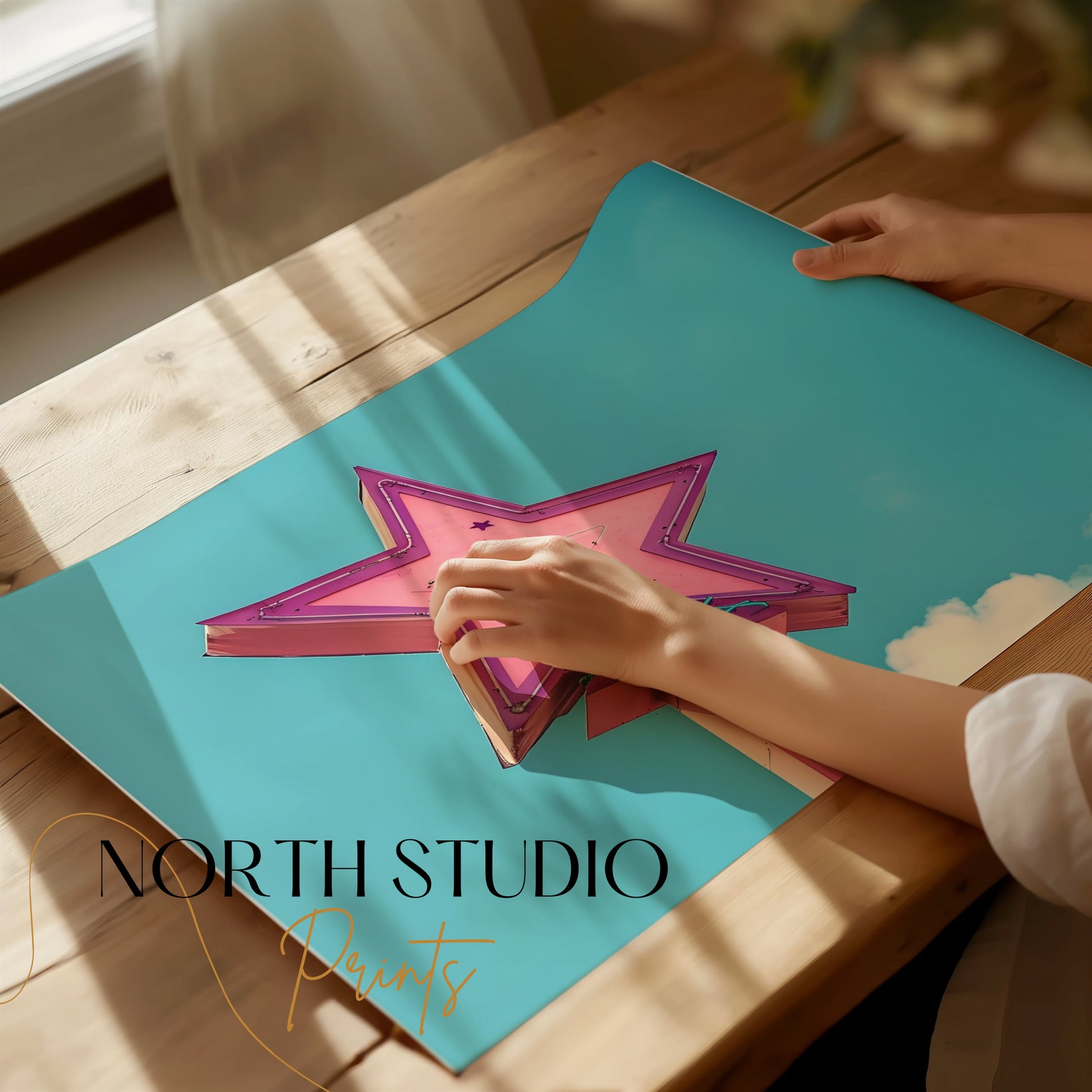 Premium Poster of Retro Neon Star Sign With Pastel Sky Background Posters