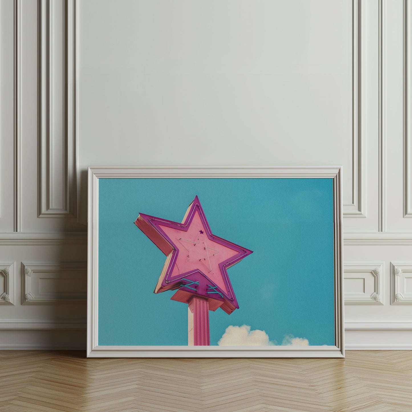 Premium Poster of Retro Neon Star Sign With Pastel Sky Background Posters