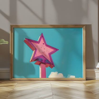 Premium Poster of Retro Neon Star Sign With Pastel Sky Background Posters