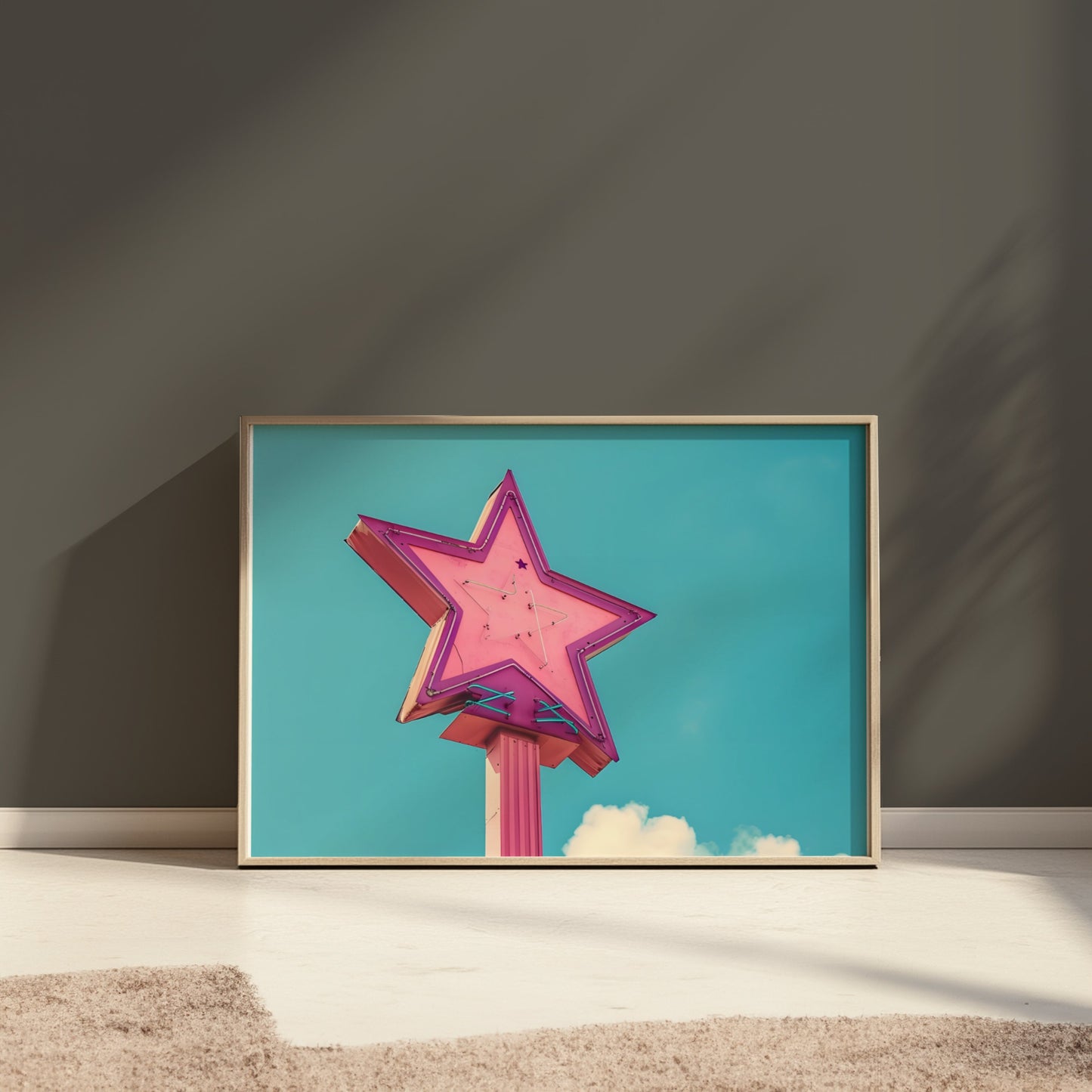 Premium Poster of Retro Neon Star Sign With Pastel Sky Background Posters