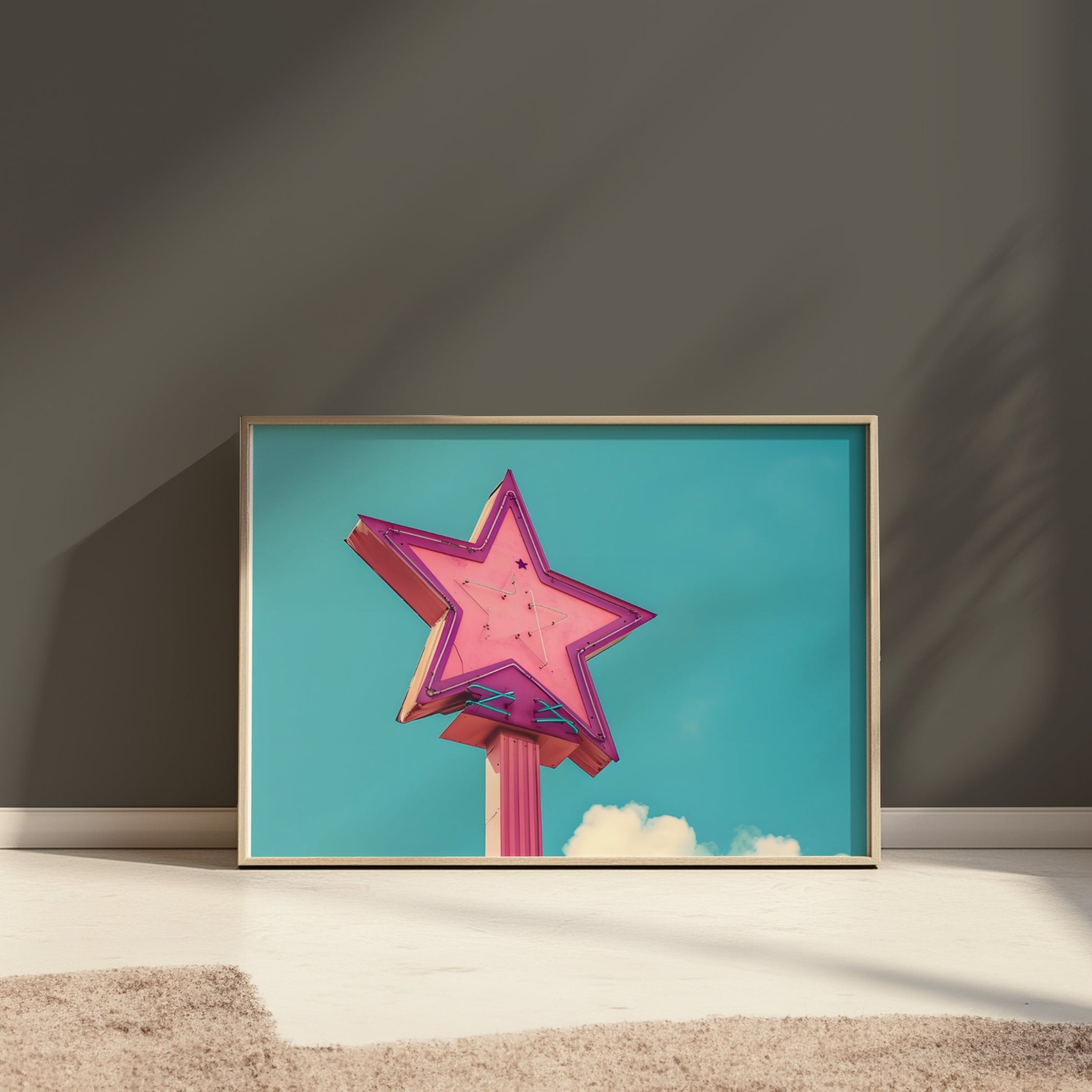 Premium Poster of Retro Neon Star Sign With Pastel Sky Background Posters