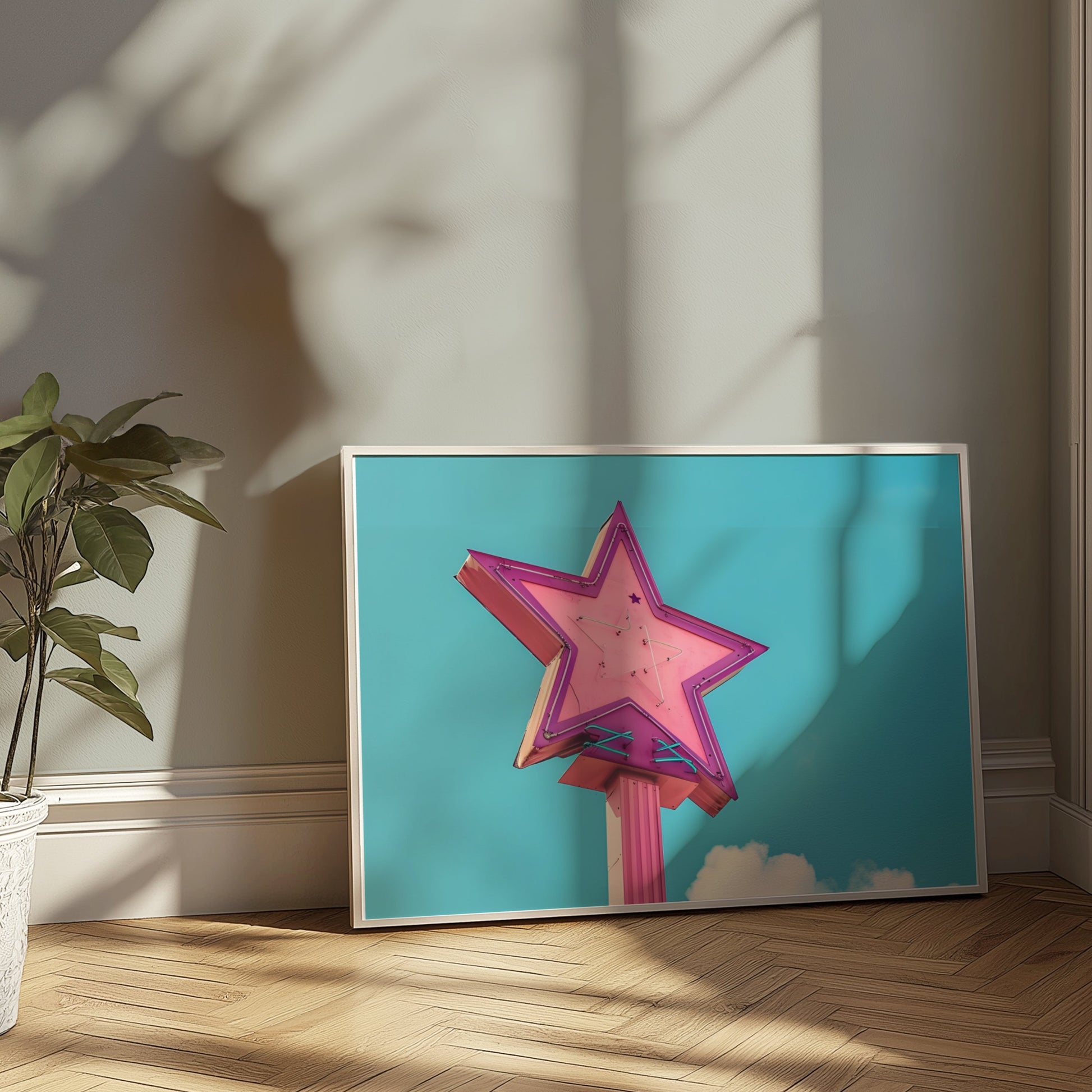 Premium Poster of Retro Neon Star Sign With Pastel Sky Background Posters