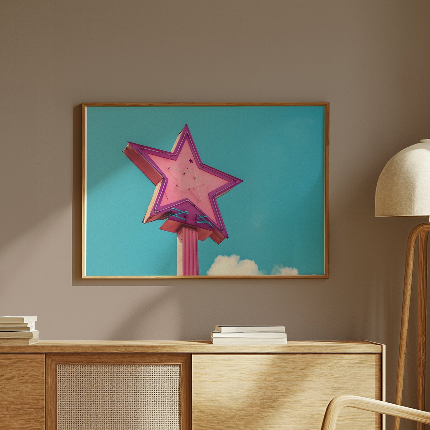 Premium Poster of Retro Neon Star Sign With Pastel Sky Background Posters