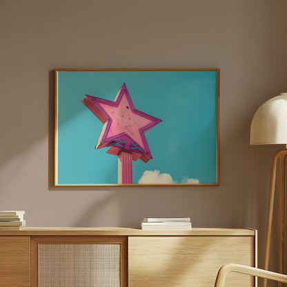 Premium Poster of Retro Neon Star Sign With Pastel Sky Background Posters