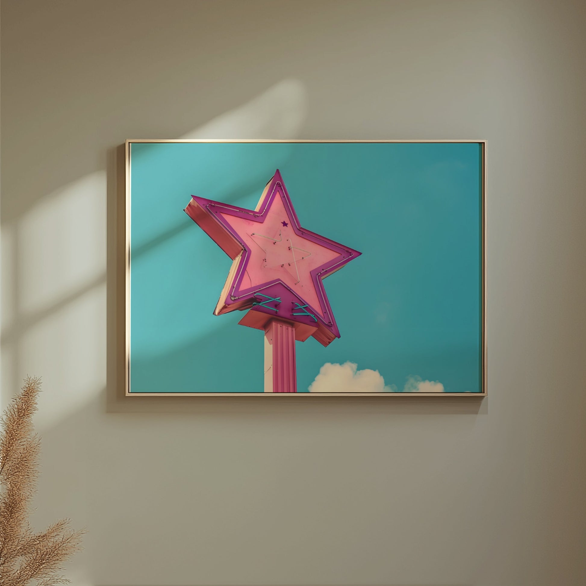 Premium Poster of Retro Neon Star Sign With Pastel Sky Background Posters