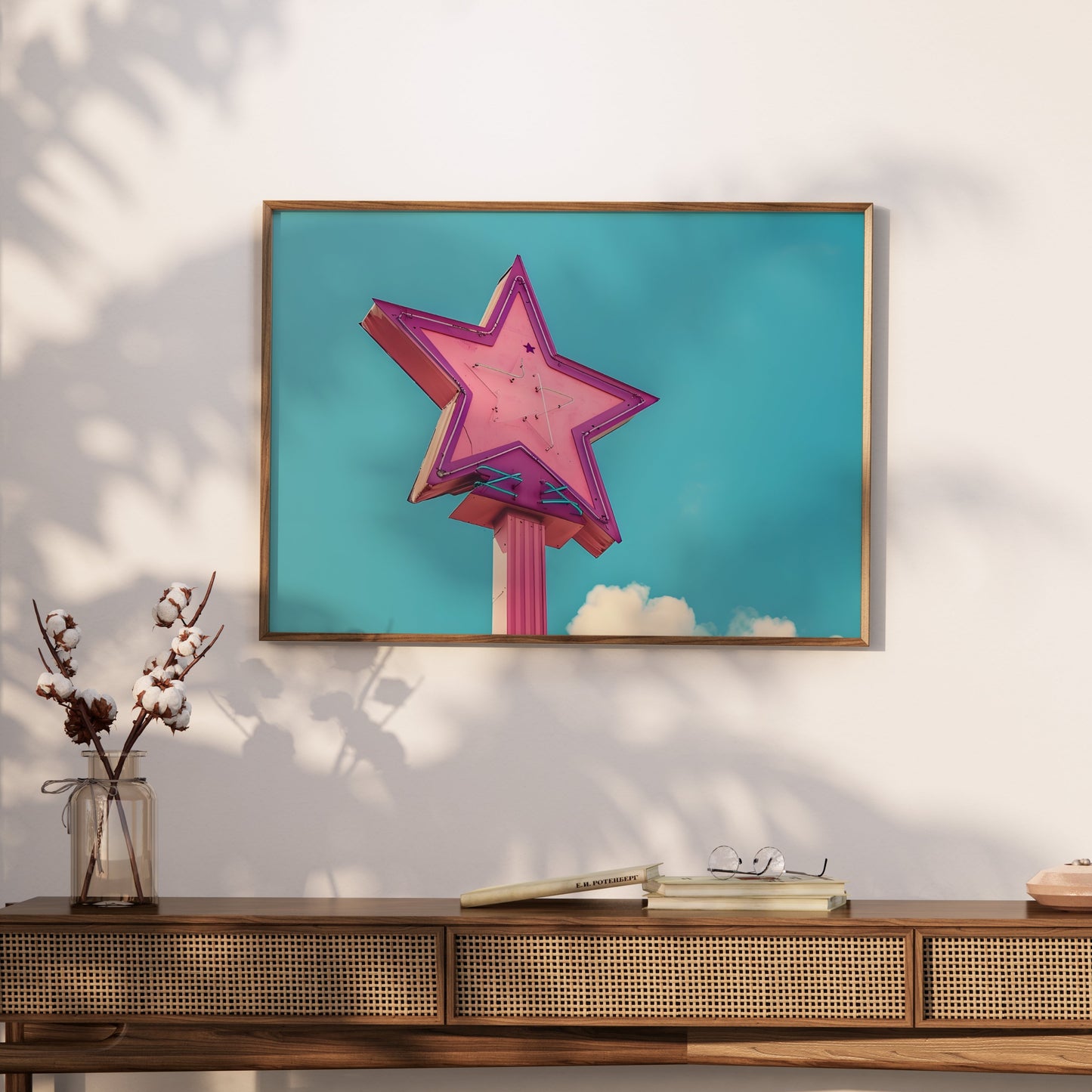 Premium Poster of Retro Neon Star Sign With Pastel Sky Background Posters