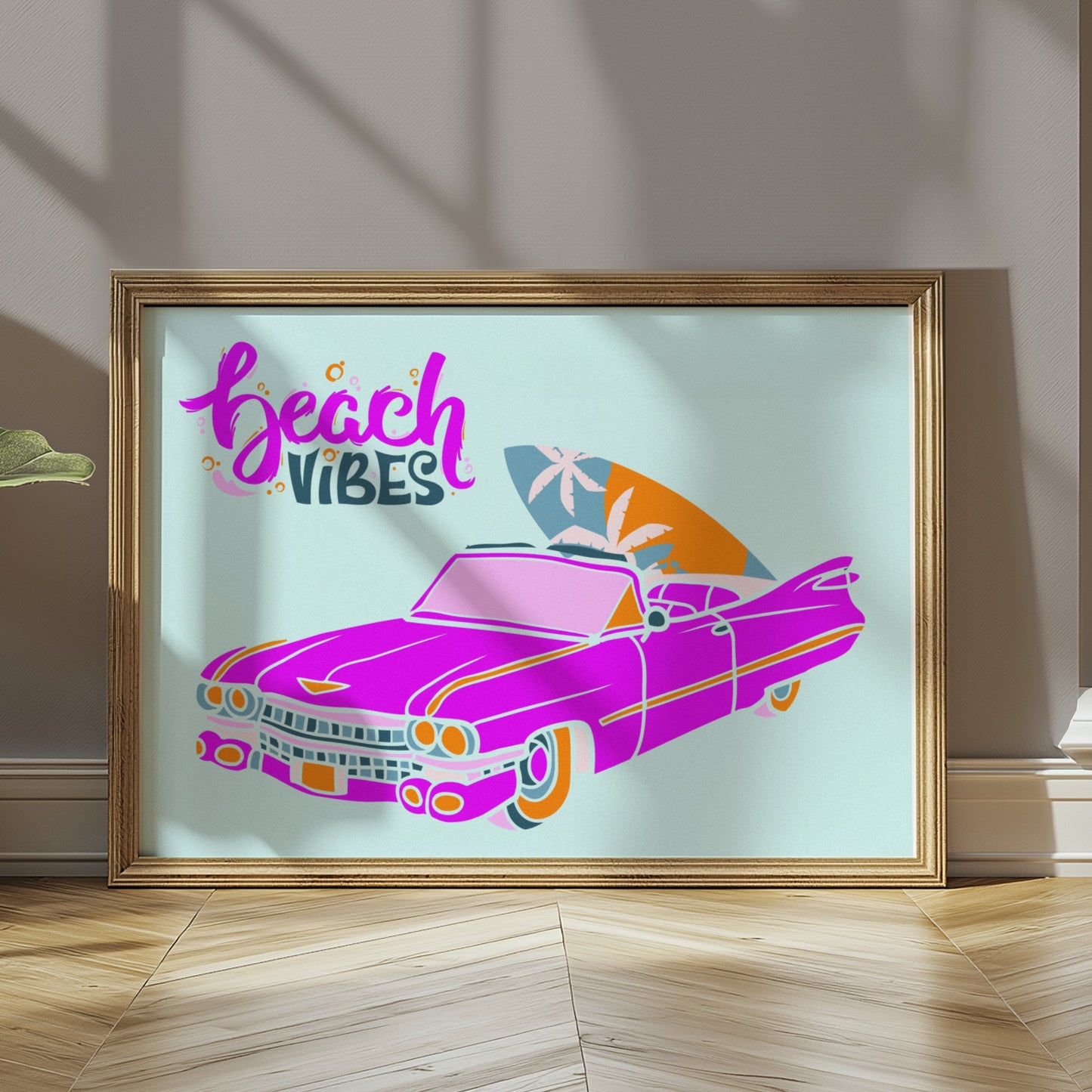 Premium Poster of Retro Pink Car with Surfboard Display Posters