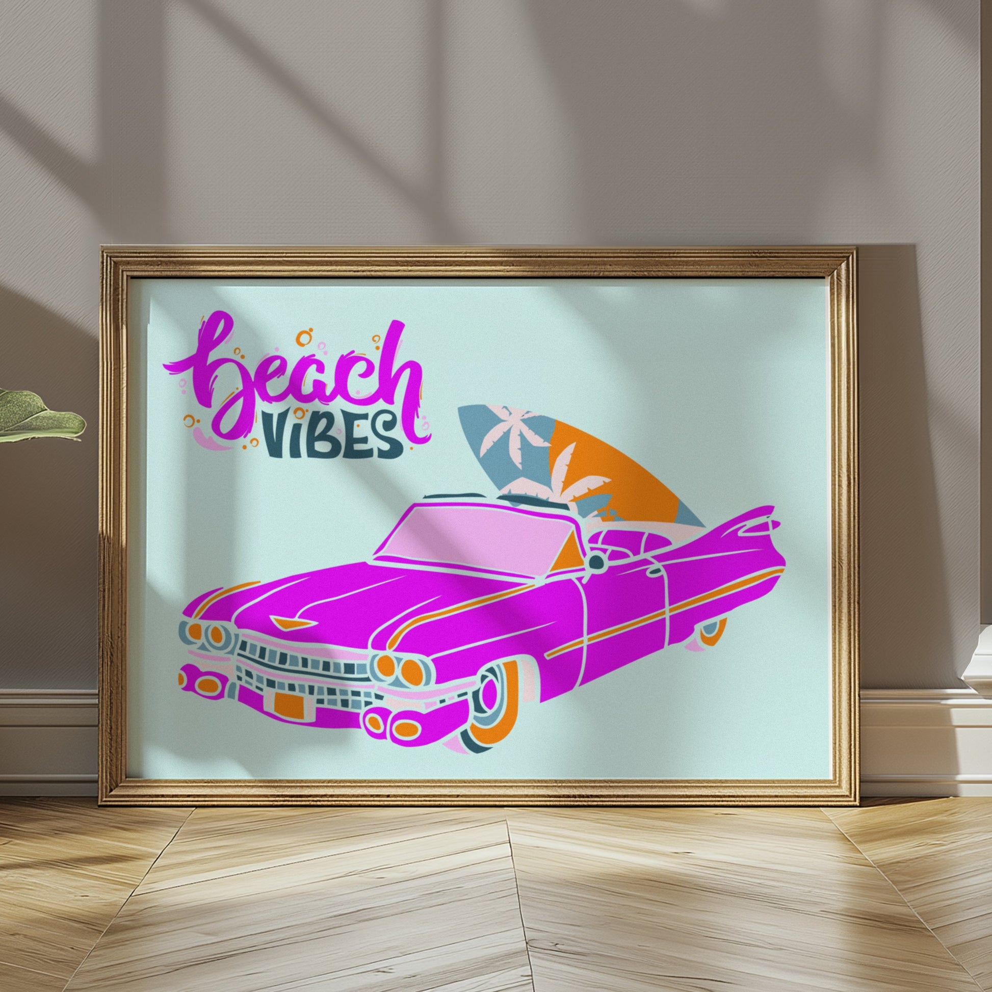 Premium Poster of Retro Pink Car with Surfboard Display Posters
