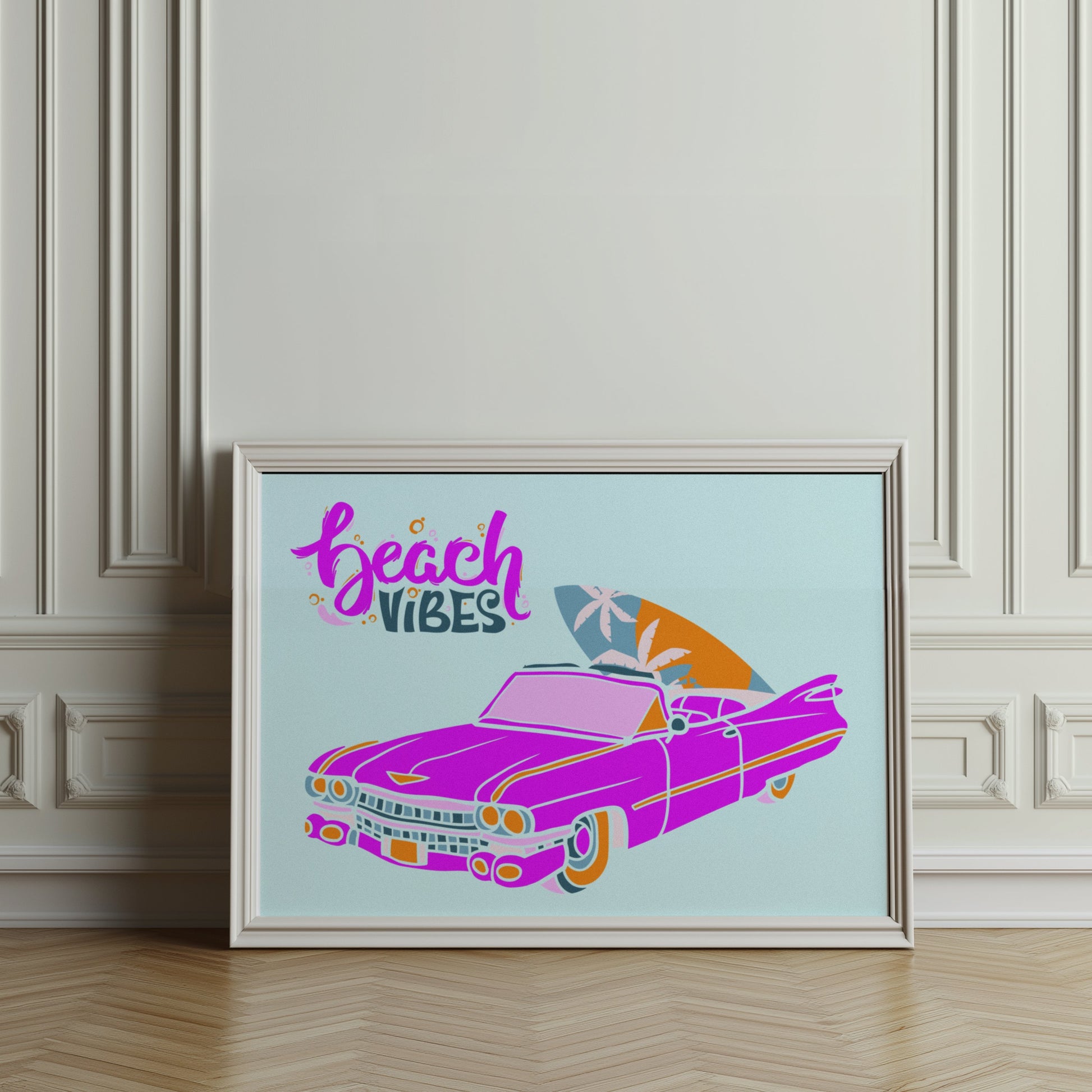 Premium Poster of Retro Pink Car with Surfboard Display Posters