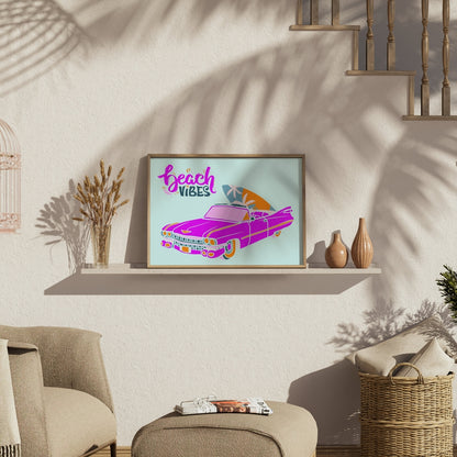 Premium Poster of Retro Pink Car with Surfboard Display Posters