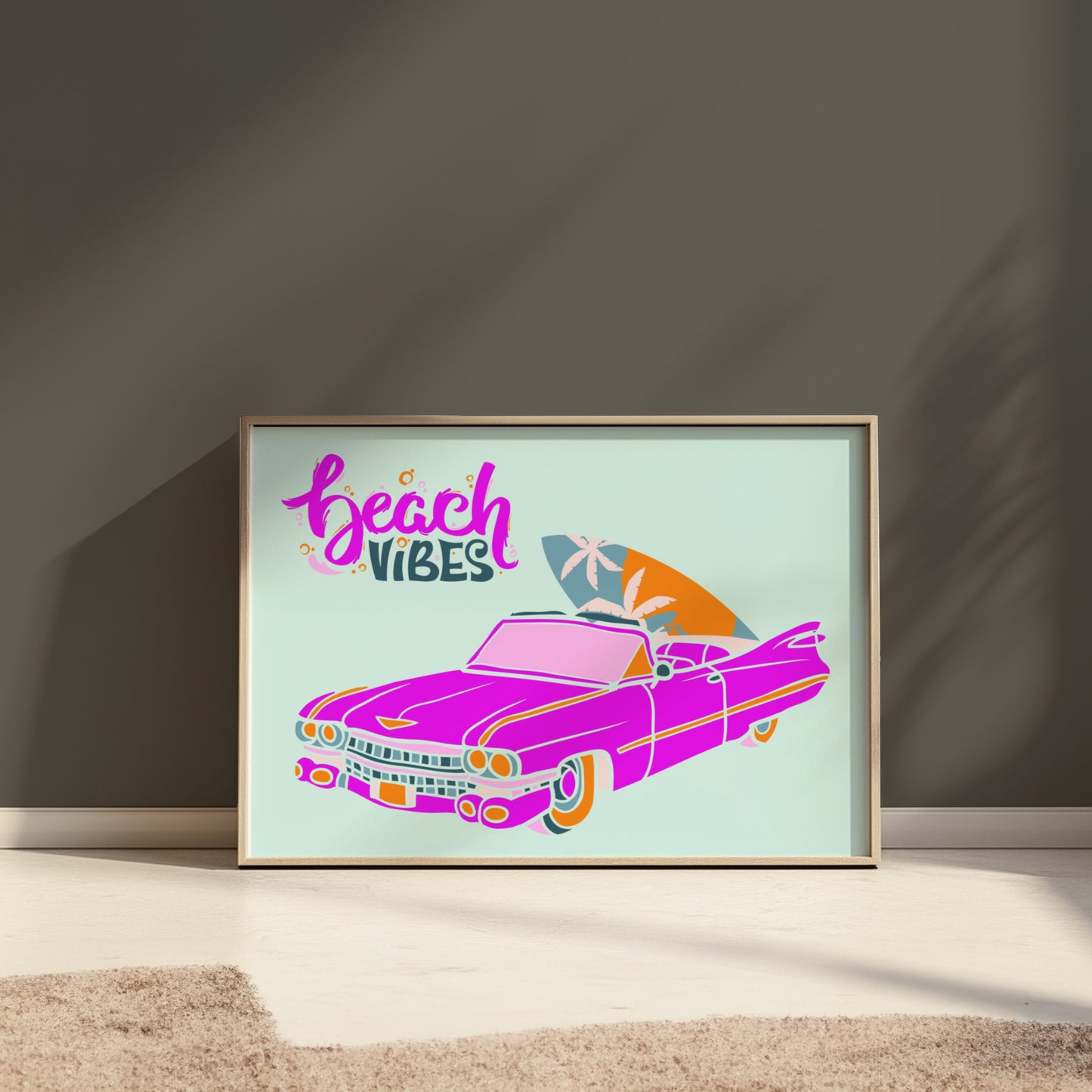 Premium Poster of Retro Pink Car with Surfboard Display Posters