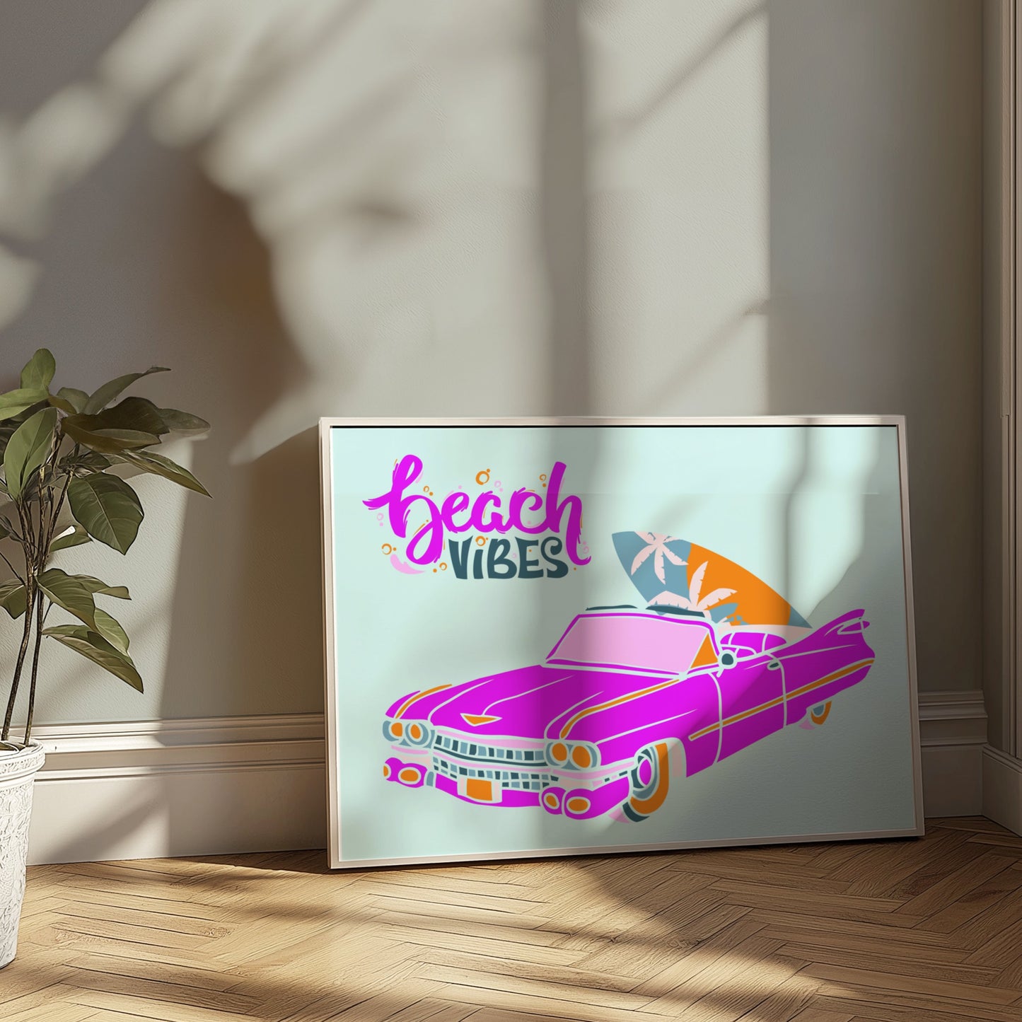Premium Poster of Retro Pink Car with Surfboard Display Posters