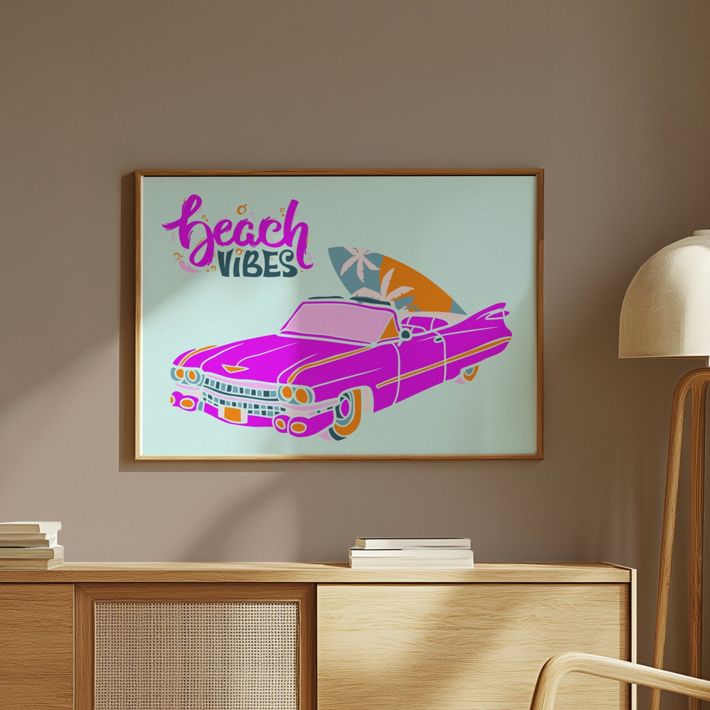 Premium Poster of Retro Pink Car with Surfboard Display Posters