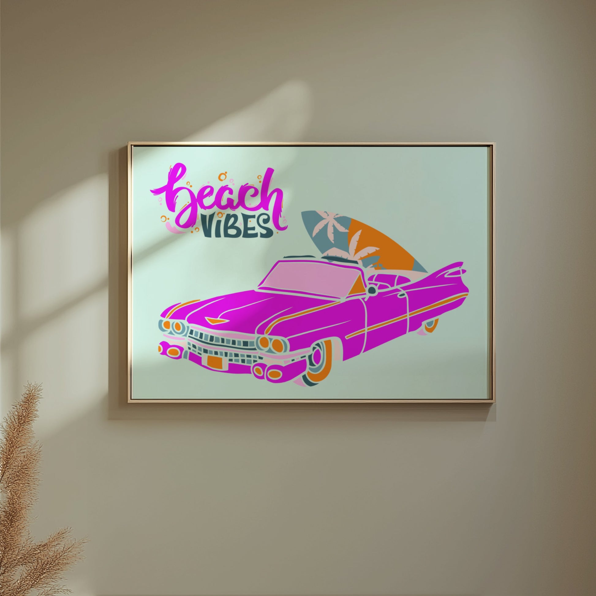 Premium Poster of Retro Pink Car with Surfboard Display Posters
