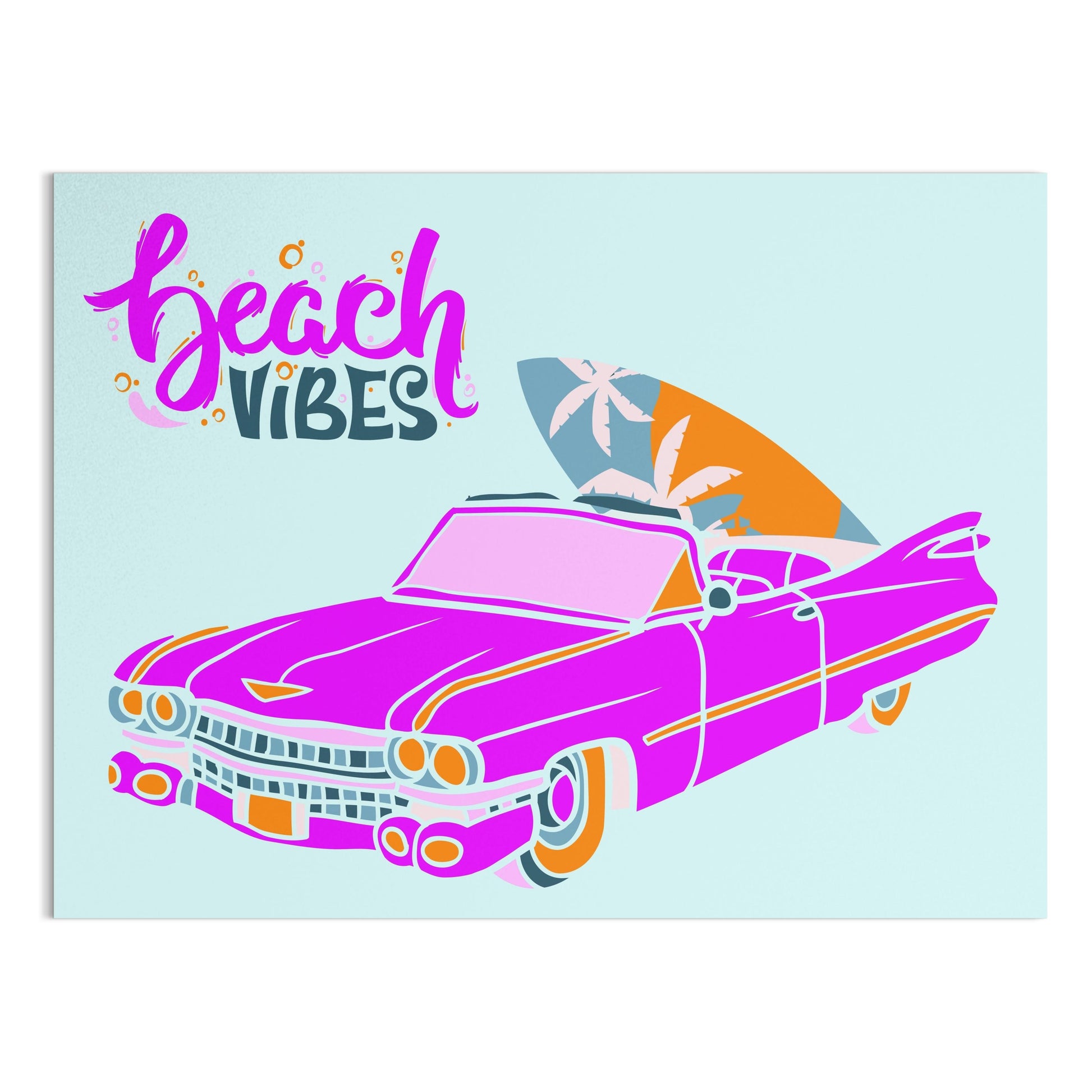 Premium Poster of Retro Pink Car with Surfboard Display Posters