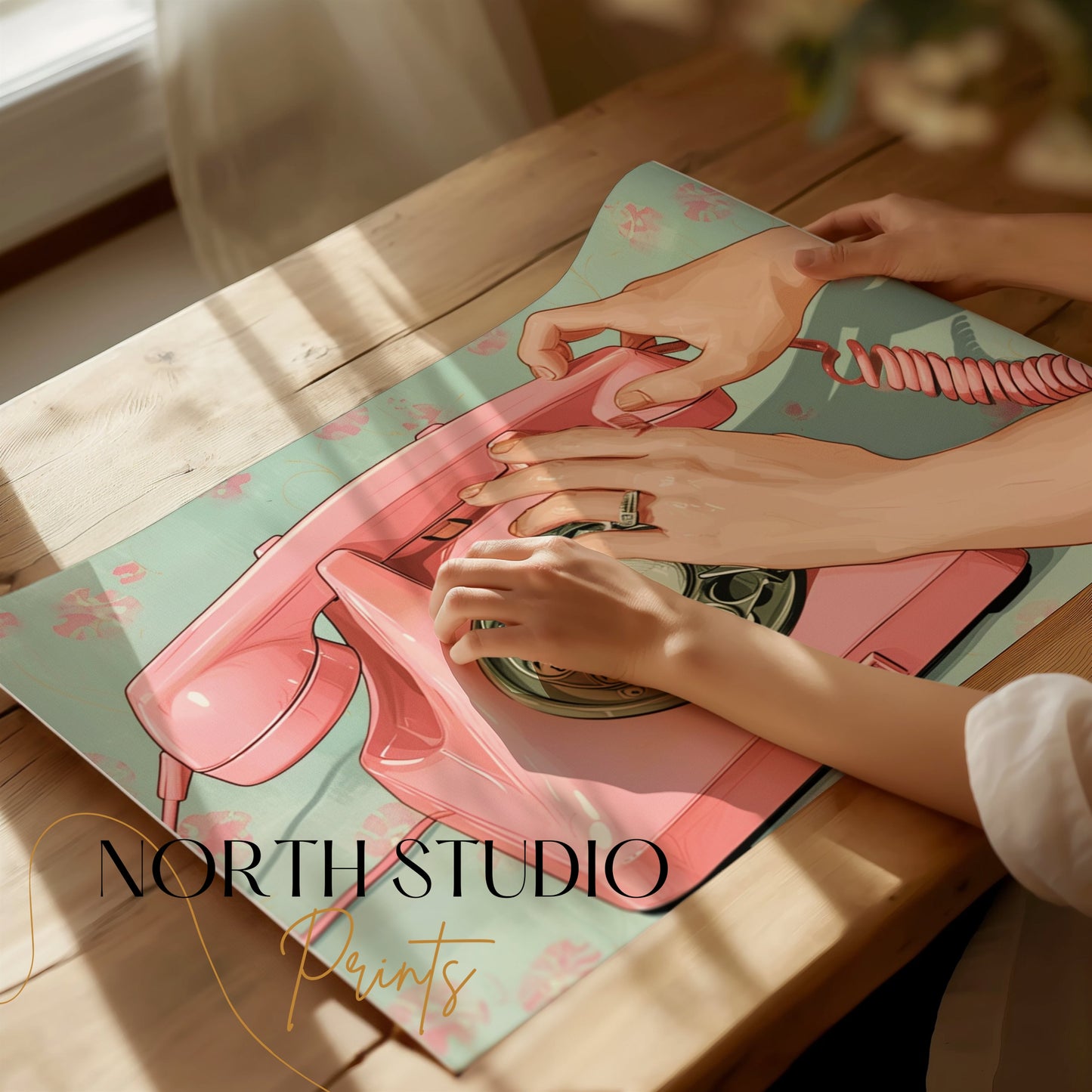 Premium Poster of Retro Pink Rotary Phone Art Vintage Style Posters