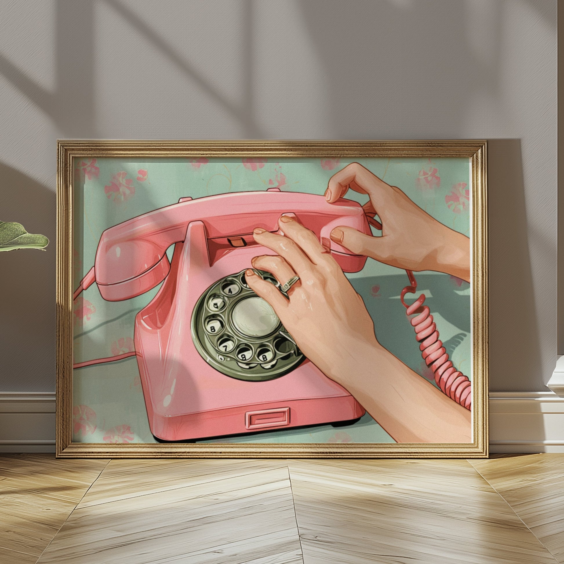 Premium Poster of Retro Pink Rotary Phone Art Vintage Style Posters
