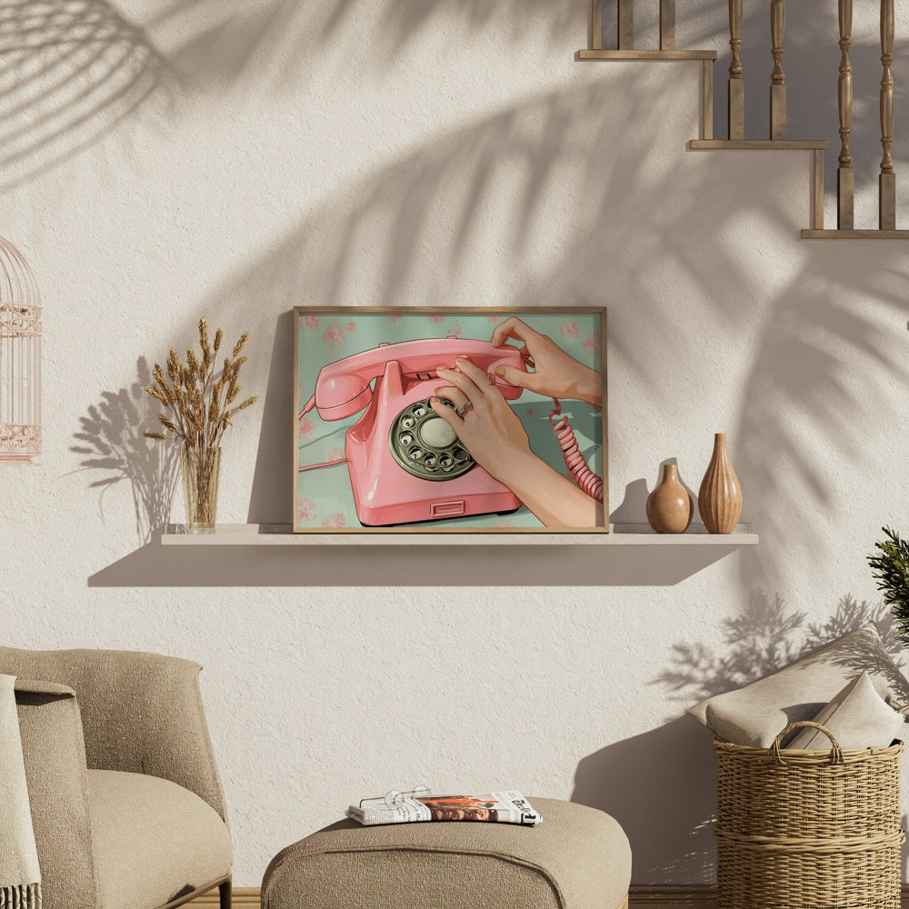 Premium Poster of Retro Pink Rotary Phone Art Vintage Style Posters