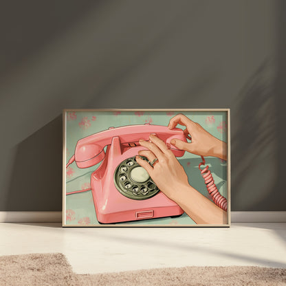 Premium Poster of Retro Pink Rotary Phone Art Vintage Style Posters