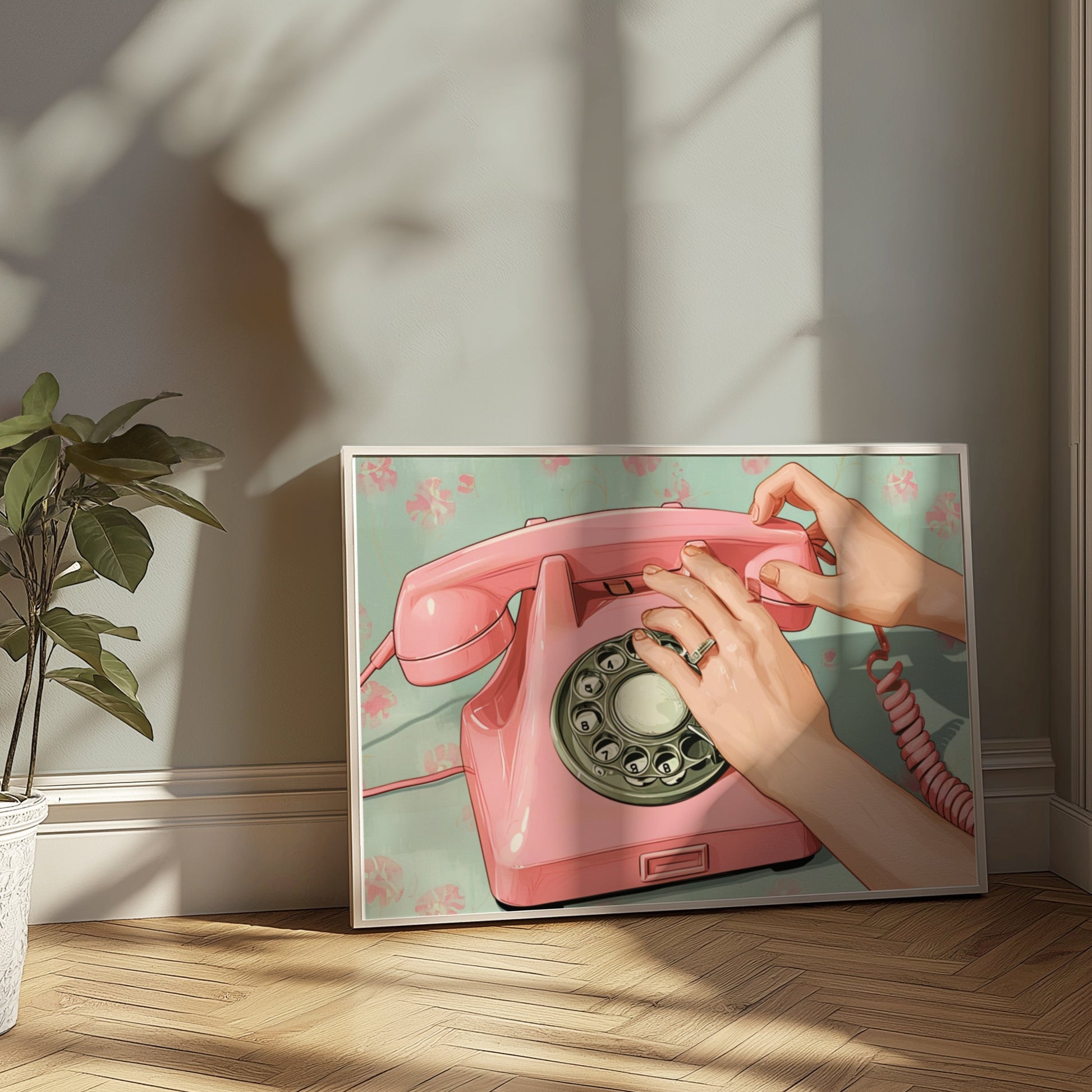 Premium Poster of Retro Pink Rotary Phone Art Vintage Style Posters