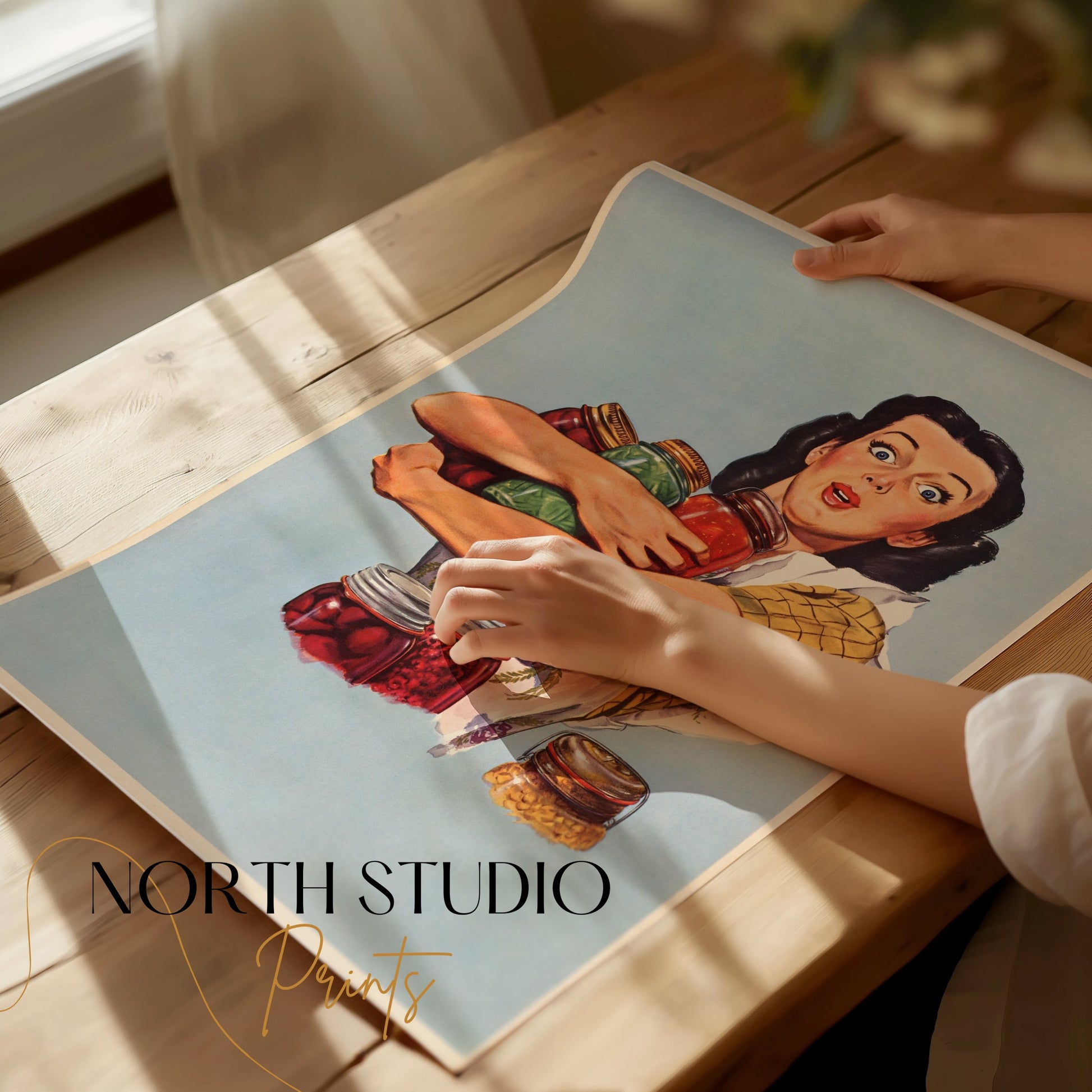 Premium Poster of Retro Style Surprised Woman With Jars Art Print Posters