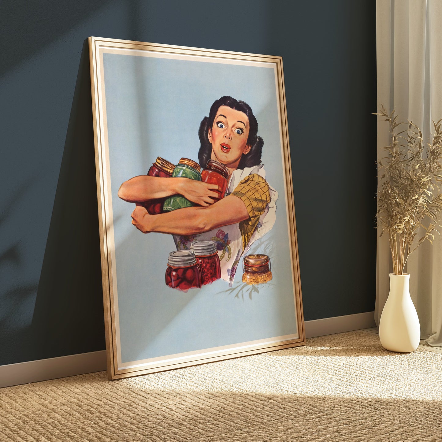 Premium Poster of Retro Style Surprised Woman With Jars Art Print Posters