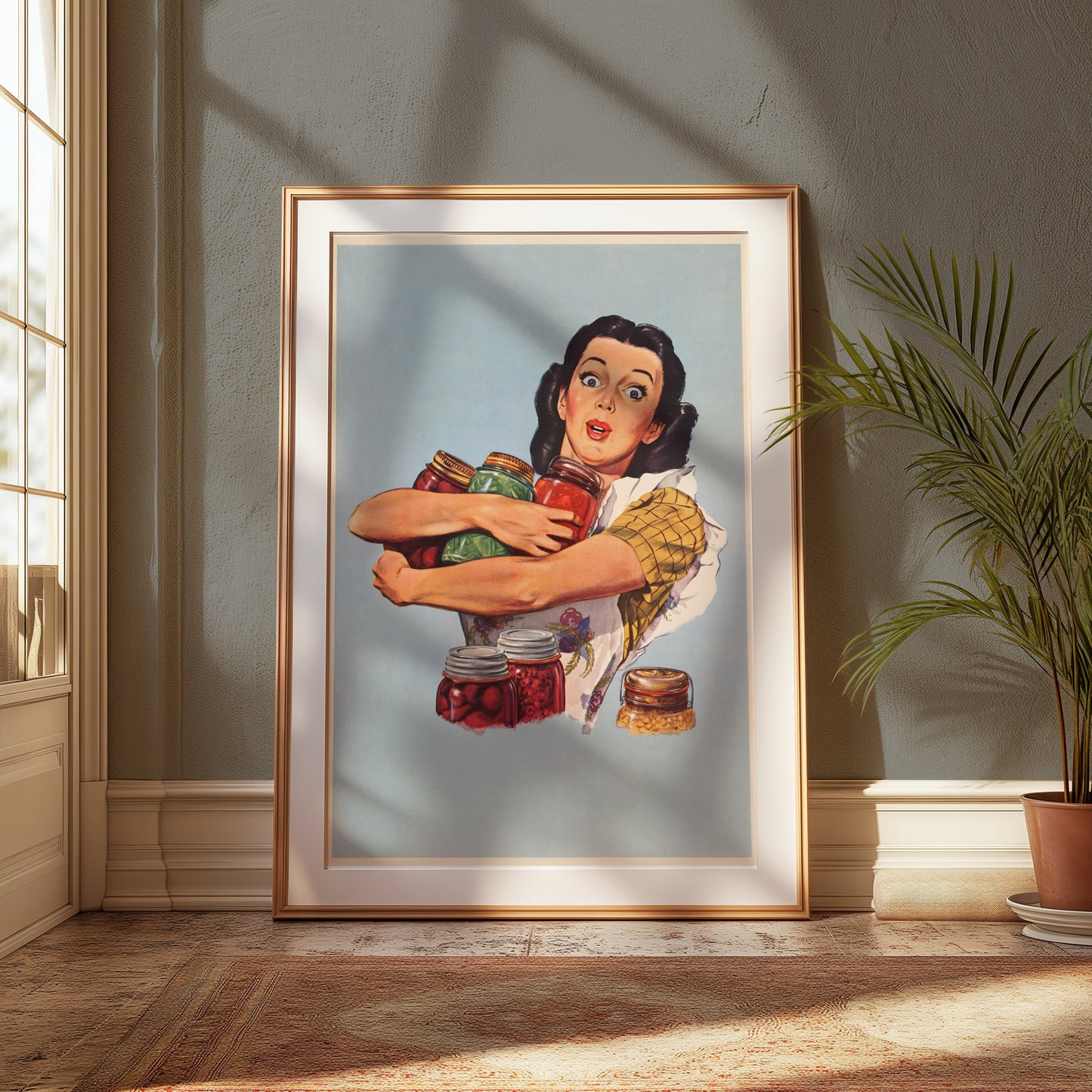 Premium Poster of Retro Style Surprised Woman With Jars Art Print Posters