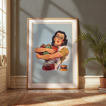 Premium Poster of Retro Style Surprised Woman With Jars Art Print Posters