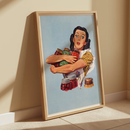Premium Poster of Retro Style Surprised Woman With Jars Art Print Posters