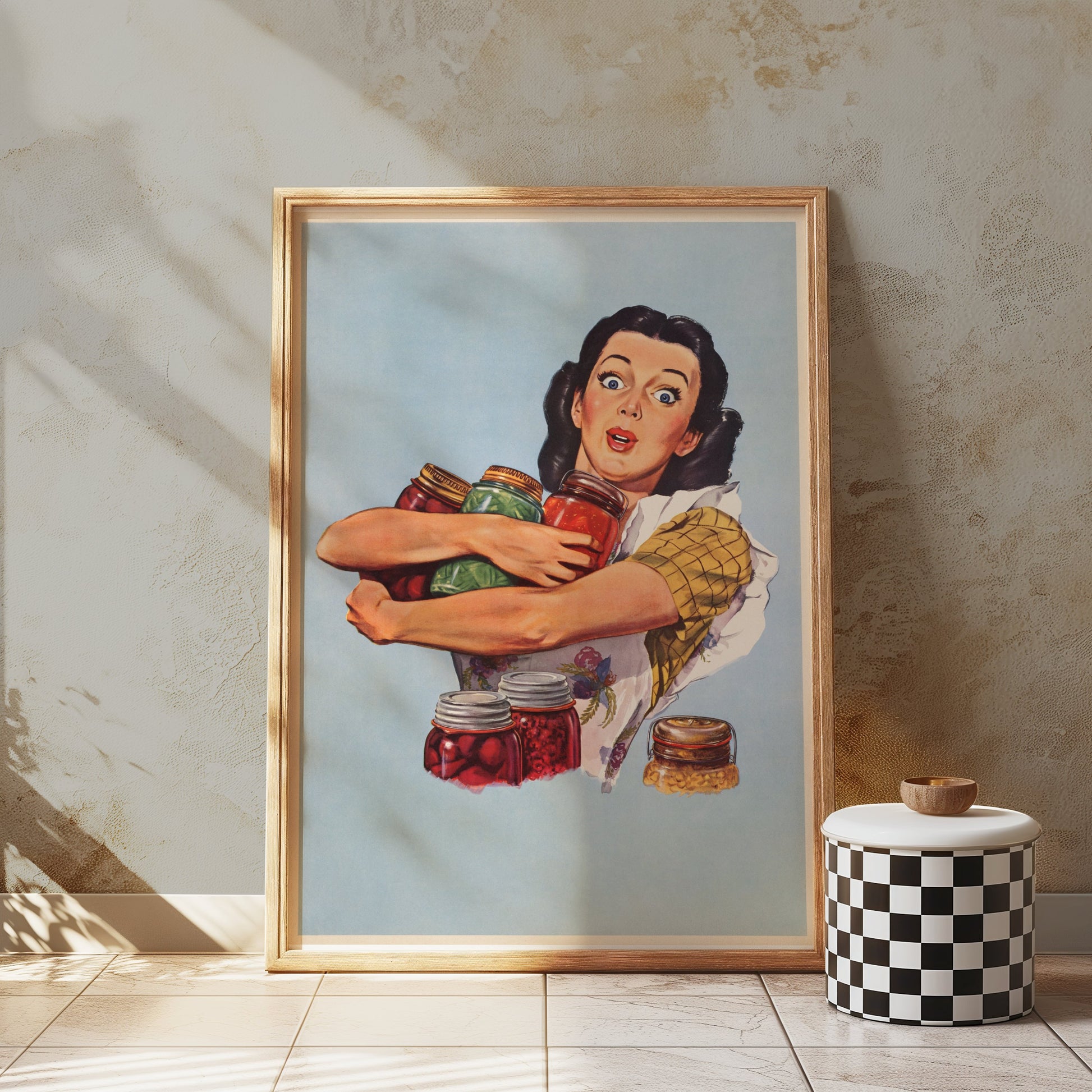 Premium Poster of Retro Style Surprised Woman With Jars Art Print Posters