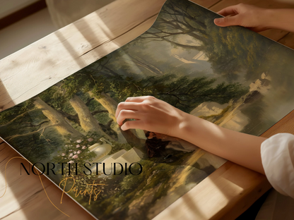 Premium Poster of Romantic Forest Landscape with Lovers Painting Posters