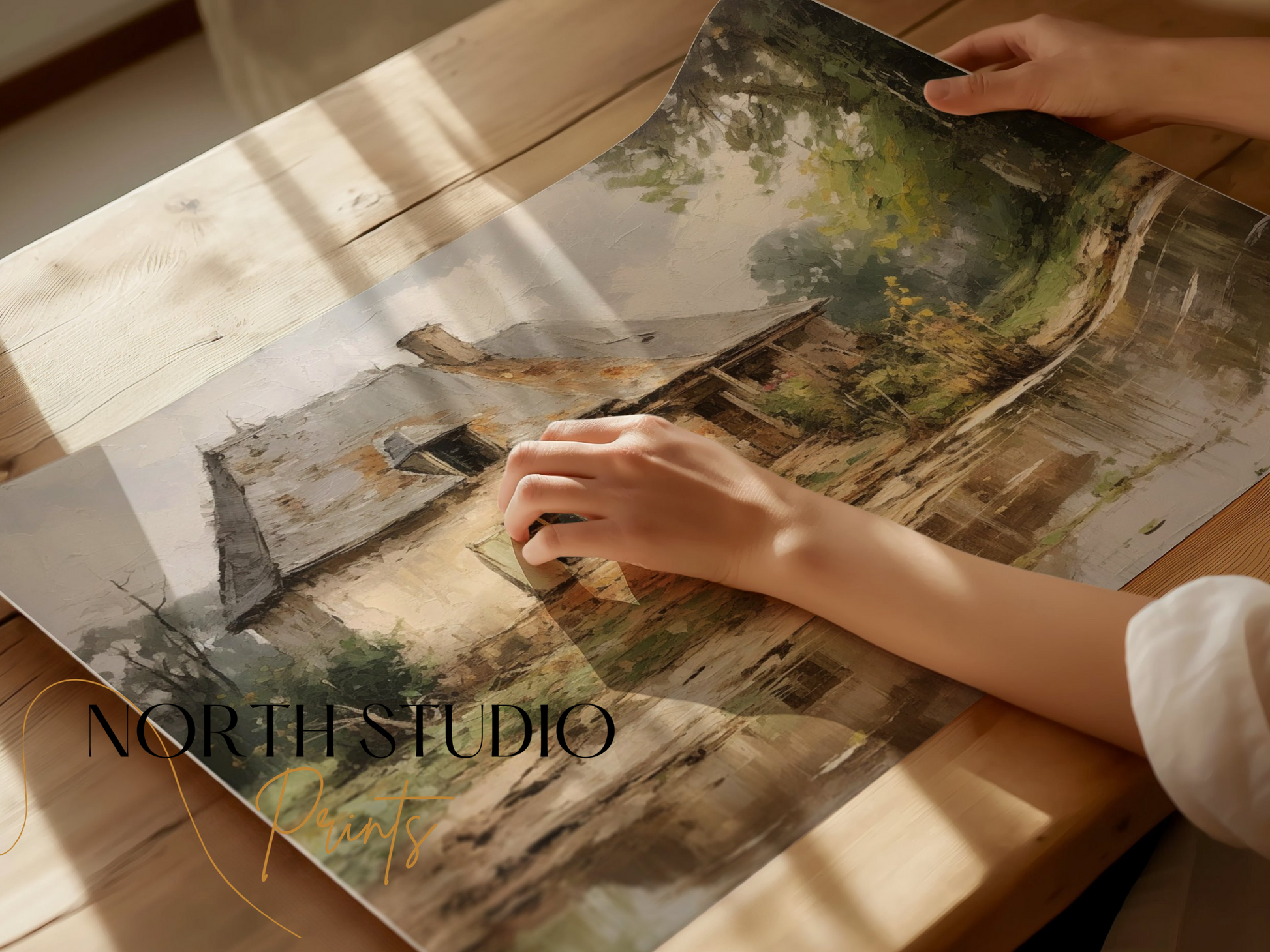 Premium Poster of Rustic Countryside Cottage with Pond Art Posters