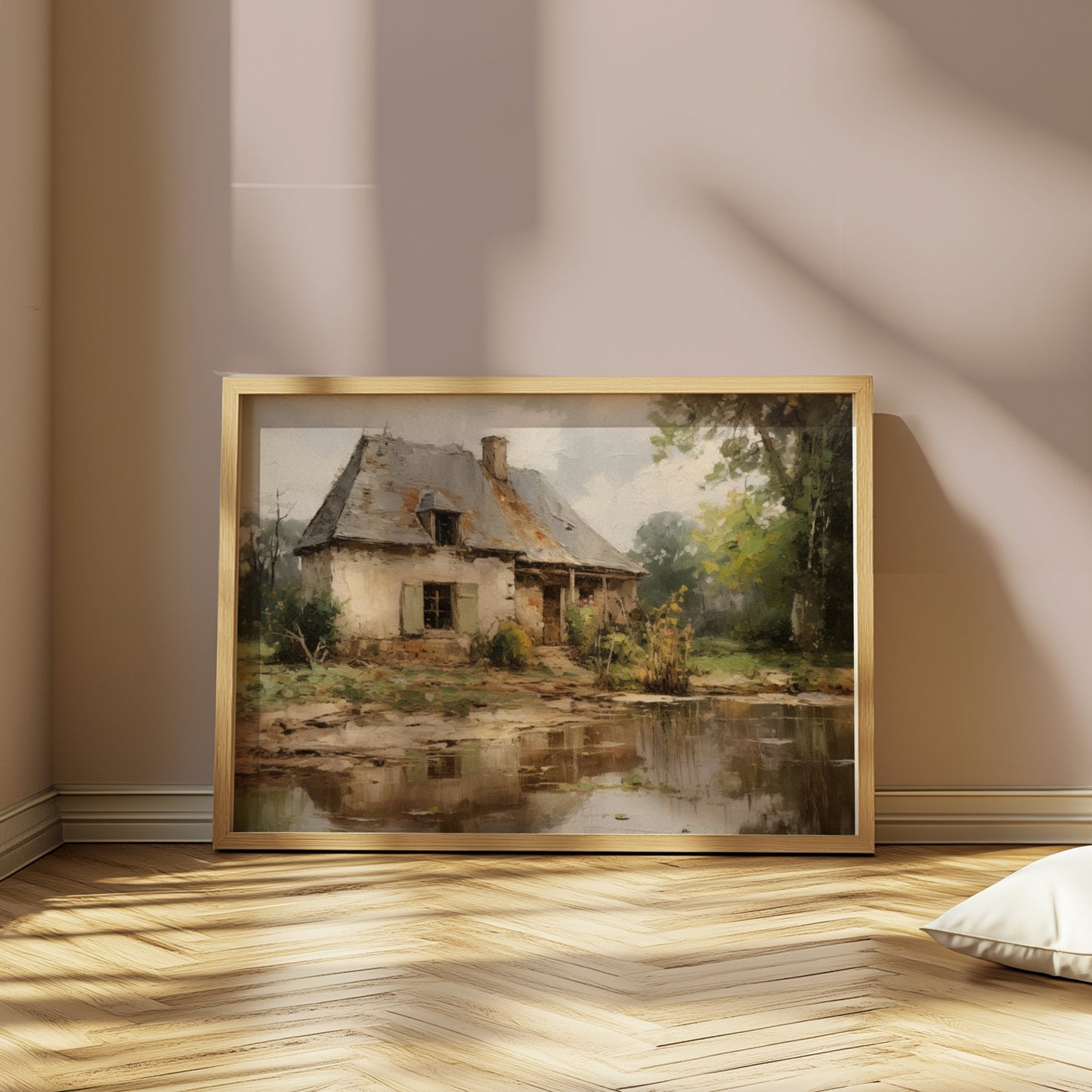 Premium Poster of Rustic Countryside Cottage with Pond Art Posters
