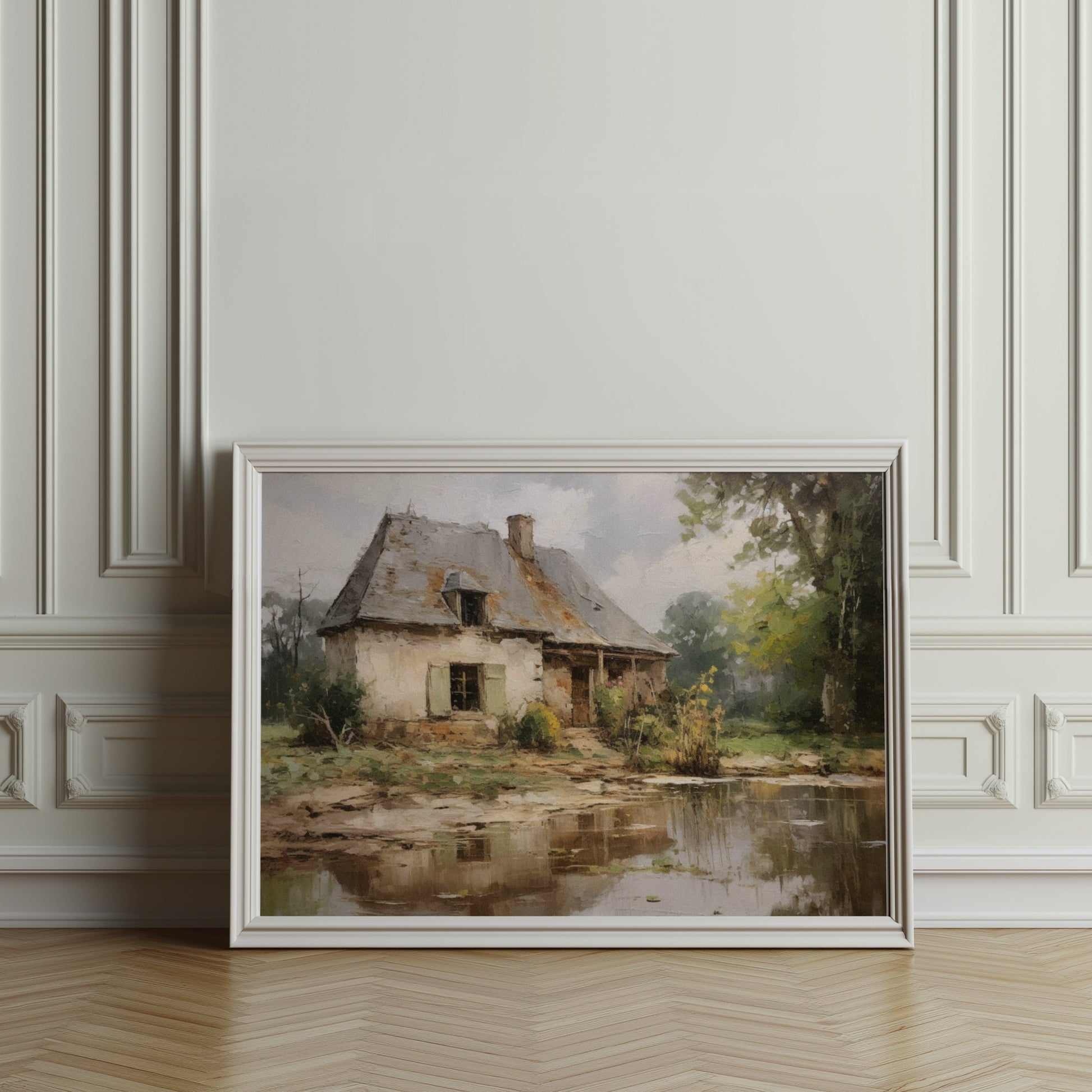 Premium Poster of Rustic Countryside Cottage with Pond Art Posters