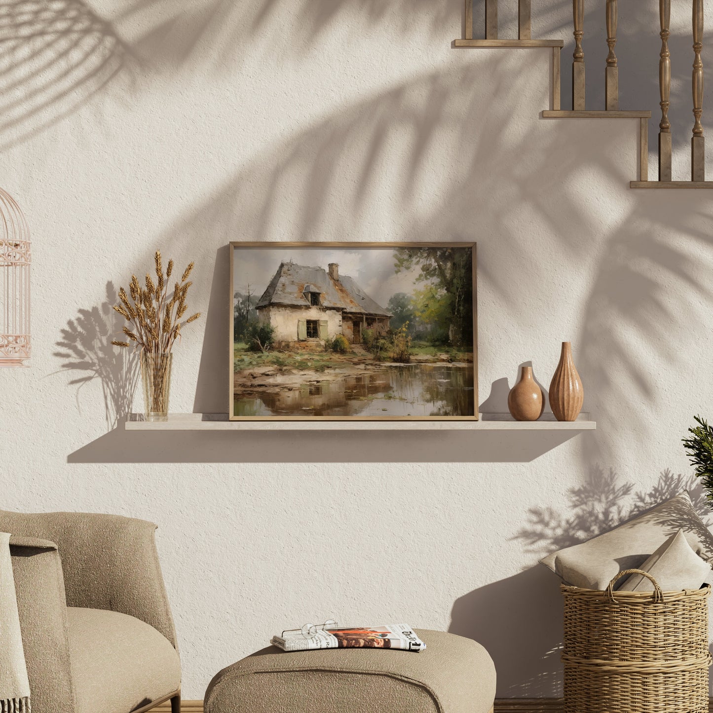 Premium Poster of Rustic Countryside Cottage with Pond Art Posters