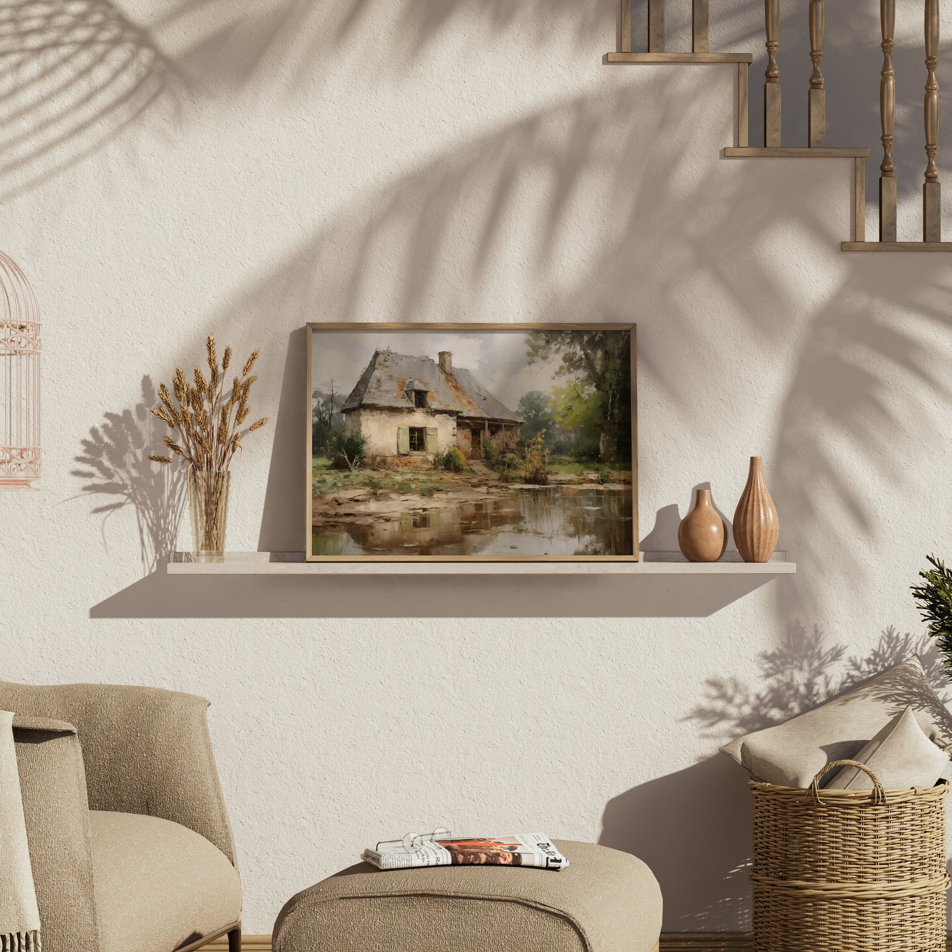 Premium Poster of Rustic Countryside Cottage with Pond Art Posters
