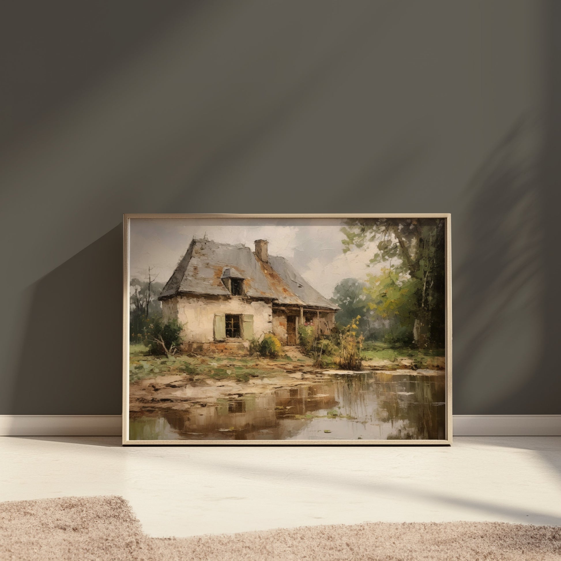 Premium Poster of Rustic Countryside Cottage with Pond Art Posters