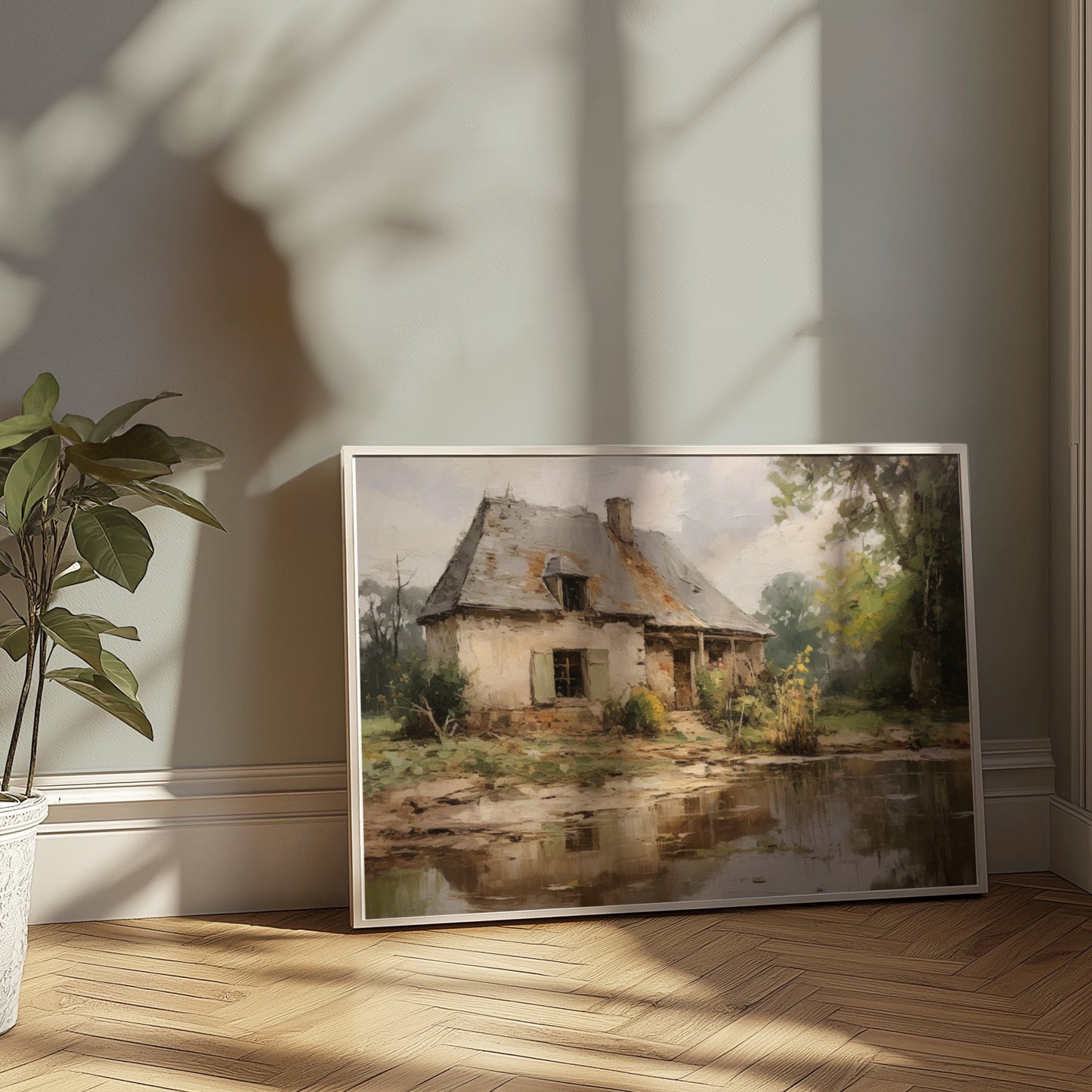 Premium Poster of Rustic Countryside Cottage with Pond Art Posters