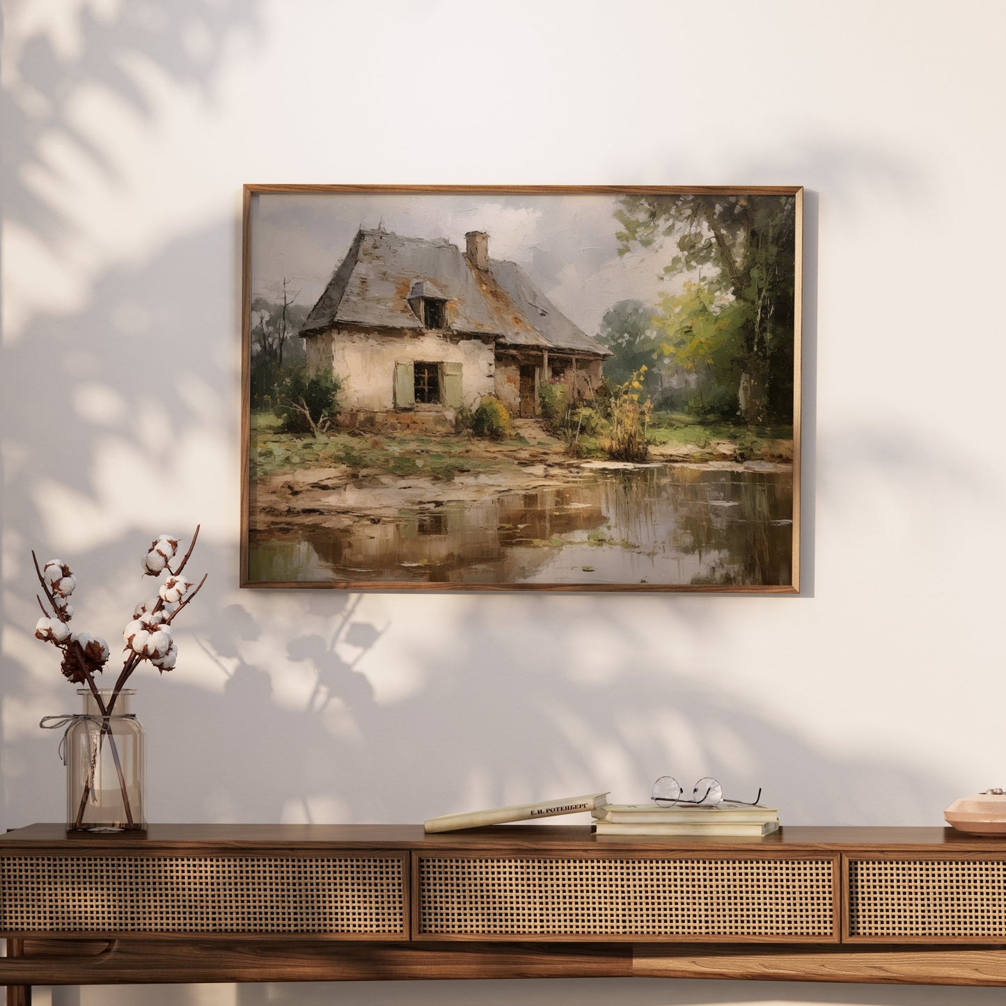 Premium Poster of Rustic Countryside Cottage with Pond Art Posters