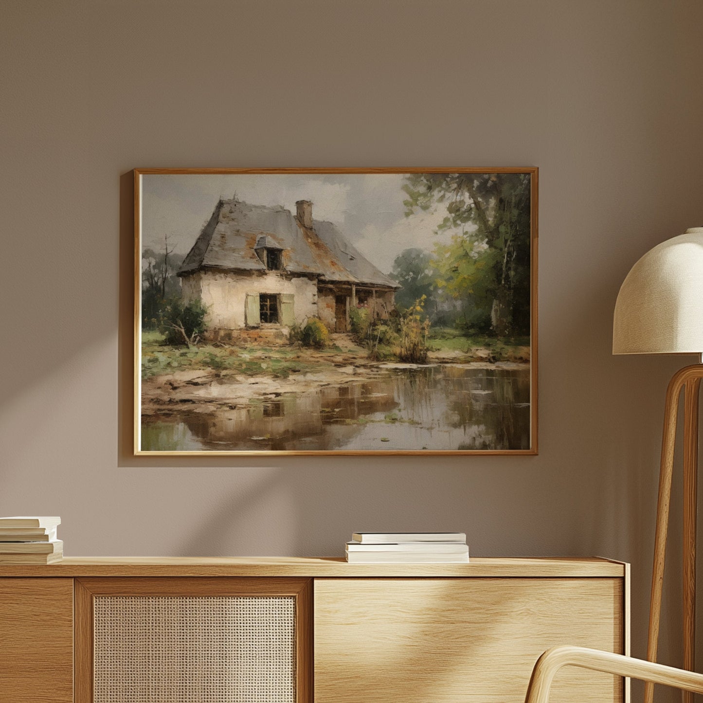 Premium Poster of Rustic Countryside Cottage with Pond Art Posters