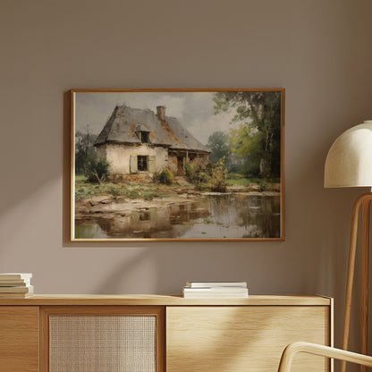 Premium Poster of Rustic Countryside Cottage with Pond Art Posters