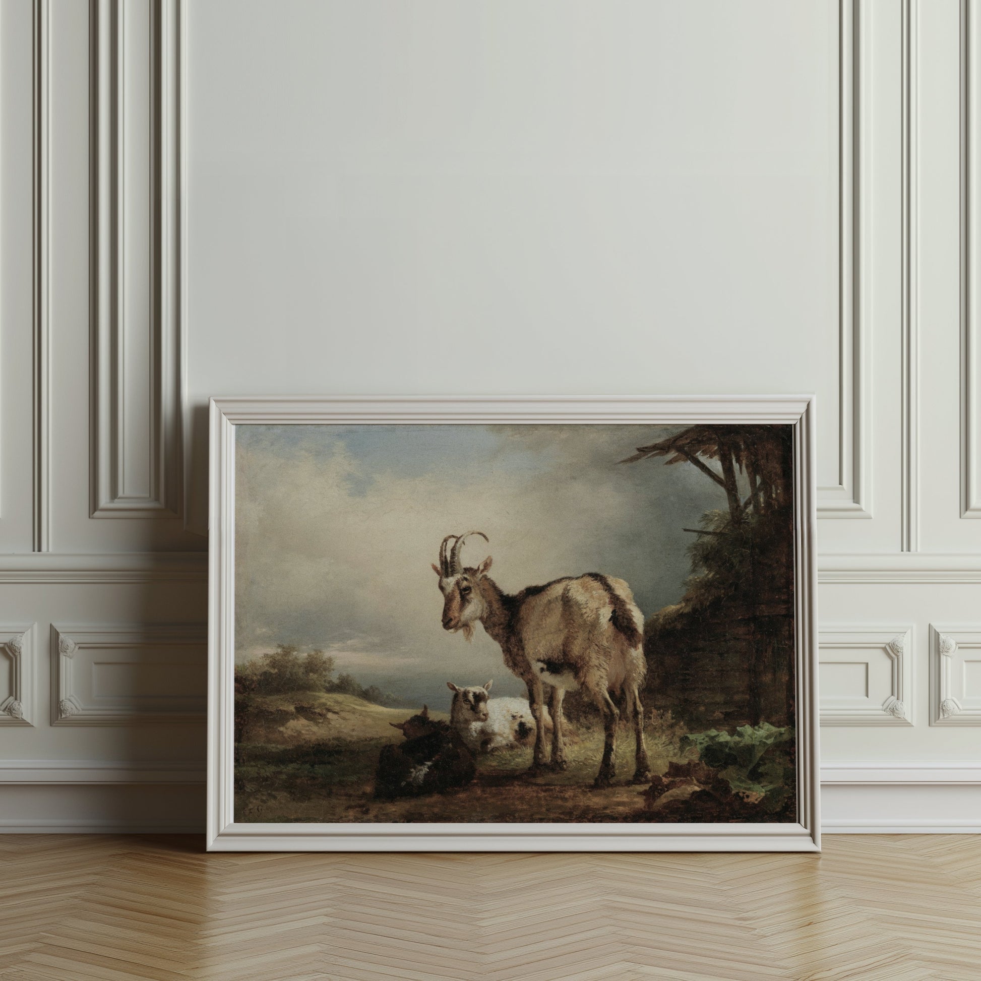 Premium Poster of Rustic Goats in Countryside Landscape Art Posters